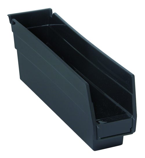QSB100_BK.jpg The Economy Shelf Bin, 11-5/8W x 2-3/4D x 4H, is a black polypropylene storage bin with a slanted front. It features a molded-in label holder, seven divider slots for versatility, and a rear hanglock. Made in the USA, its perfect for organizing items economically on any shelf.