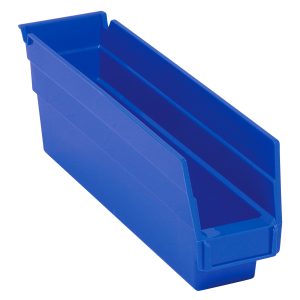 The blue polypropylene Economy Shelf Bin measures 11-5/8W x 2-3/4D x 4H and features a slanted open top, molded-in label holder, rear hanglock, and seven divider slots. Made in the USA, its perfect for organizing small items efficiently.