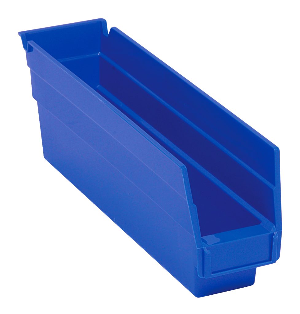 Blue plastic shelf bin with reinforced side walls and hopper front