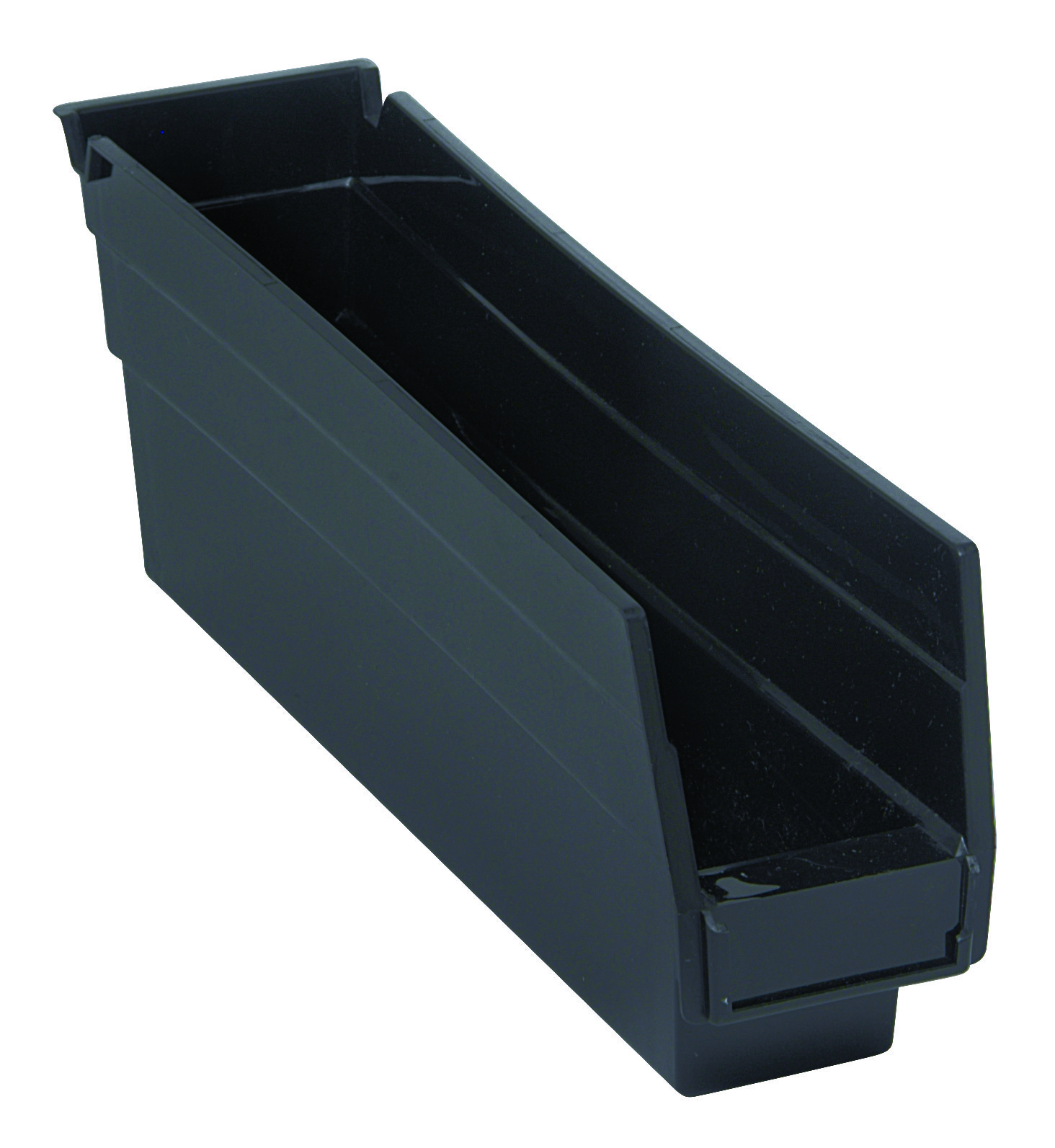 Economy Shelf Bin, Nesting, 11-5/8"W X 2-3/4"D X 4"H, (7) Divider Slots, Rear Hanglock, Molded-In Label Holder, Recycled Polypropylene, Black, Made In USA