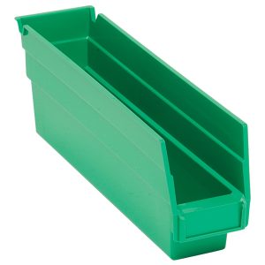 A green Economy Shelf Bin, 11-5/8W x 2-3/4D x 4H, is displayed on a white background. Made of polypropylene in the USA, it has an open top, slanted front, seven divider slots, a rear hanglock, and a molded-in label holder for organizing small items easily.