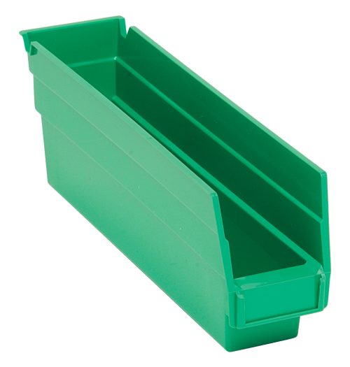 QSB100_GN.jpg A green Economy Shelf Bin, 11-5/8W x 2-3/4D x 4H, is displayed on a white background. Made of polypropylene in the USA, it has an open top, slanted front, seven divider slots, a rear hanglock, and a molded-in label holder for organizing small items easily.