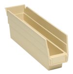 The Economy Shelf Bin, rectangular in ivory polypropylene, measures 11-5/8W x 2-3/4D x 4H. It features angled sides, an open top, rear hanglock, molded-in label holder, and (7) divider slots for efficient organization and sturdy storage solutions. Made in the USA.