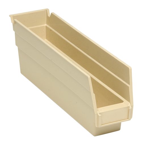 QSB100_IV.jpg The Economy Shelf Bin, rectangular in ivory polypropylene, measures 11-5/8W x 2-3/4D x 4H. It features angled sides, an open top, rear hanglock, molded-in label holder, and (7) divider slots for efficient organization and sturdy storage solutions. Made in the USA.