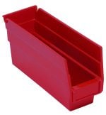 This red polypropylene Economy Shelf Bin measures 11-5/8W x 2-3/4D x 4H and includes seven divider slots, a rear hanglock, and a molded-in label holder. Made in the USA, its rectangular shape with slightly tapered sides and open front ensures efficient organization for small items.