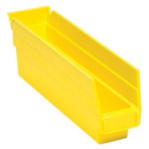 The yellow Economy Shelf Bin, made of polypropylene in the USA, measures 11-5/8W x 2-3/4D x 4H. It features a molded-in label holder, open top with sloped front for easy organization of small items, seven divider slots, and a rear hanglock for stacking or hanging.