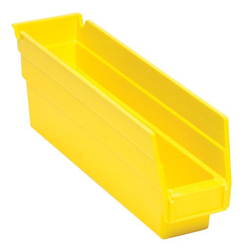 The yellow Economy Shelf Bin, made of polypropylene in the USA, measures 11-5/8W x 2-3/4D x 4H. It features a molded-in label holder, open top with sloped front for easy organization of small items, seven divider slots, and a rear hanglock for stacking or hanging.