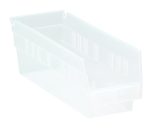 The Economy Shelf Bin, made in the USA from clear polypropylene, measures 11-5/8W x 4-1/8D x 4H. It features ridged sides for stability, a molded-in label holder, rear hanglock, seven divider slots, and a stackable design for organizing small items efficiently.