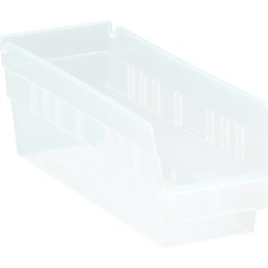 The Economy Shelf Bin, made in the USA from clear polypropylene, measures 11-5/8W x 4-1/8D x 4H. It features ridged sides for stability, a molded-in label holder, rear hanglock, seven divider slots, and a stackable design for organizing small items efficiently.