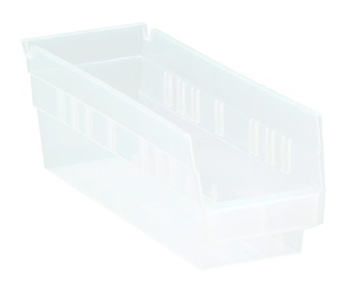 The Economy Shelf Bin, made in the USA from clear polypropylene, measures 11-5/8W x 4-1/8D x 4H. It features ridged sides for stability, a molded-in label holder, rear hanglock, seven divider slots, and a stackable design for organizing small items efficiently.
