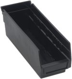 The Economy Shelf Bin is a black polypropylene storage solution with dimensions of 11-5/8W x 4-1/8D x 4H, featuring (7) divider slots and a rear hanglock. The bin is ideal for organizing small items and includes a molded-in label holder. Made in the USA, it offers efficient nesting capabilities.
