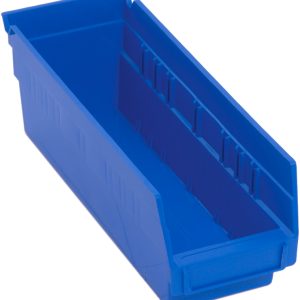 The Economy Shelf Bin is a durable blue polypropylene bin, 11-5/8W x 4-1/8D x 4H, with an open top and slanted front for easy access. It features seven divider slots, molded ridges for efficient organization, a rear hanglock, and a molded-in label holder. Made in the USA.