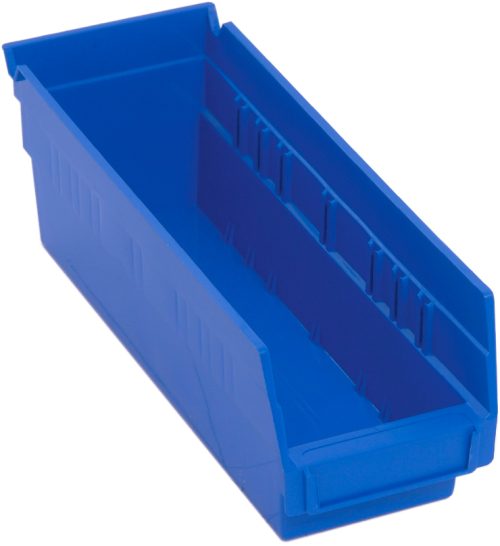 The Economy Shelf Bin is a durable blue polypropylene bin, 11-5/8W x 4-1/8D x 4H, with an open top and slanted front for easy access. It features seven divider slots, molded ridges for efficient organization, a rear hanglock, and a molded-in label holder. Made in the USA.