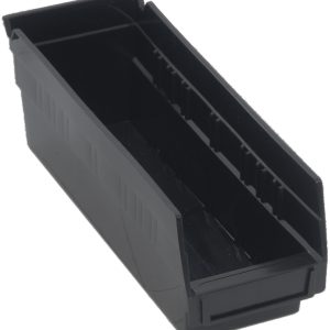 The black Economy Shelf Bin, made in the USA from recycled polypropylene, is rectangular and open-topped. It measures 11-5/8W x 4-1/8D x 4H with ribbed interior and molded-in label holders for easy identification. Its tilted design optimizes organization of small items efficiently.