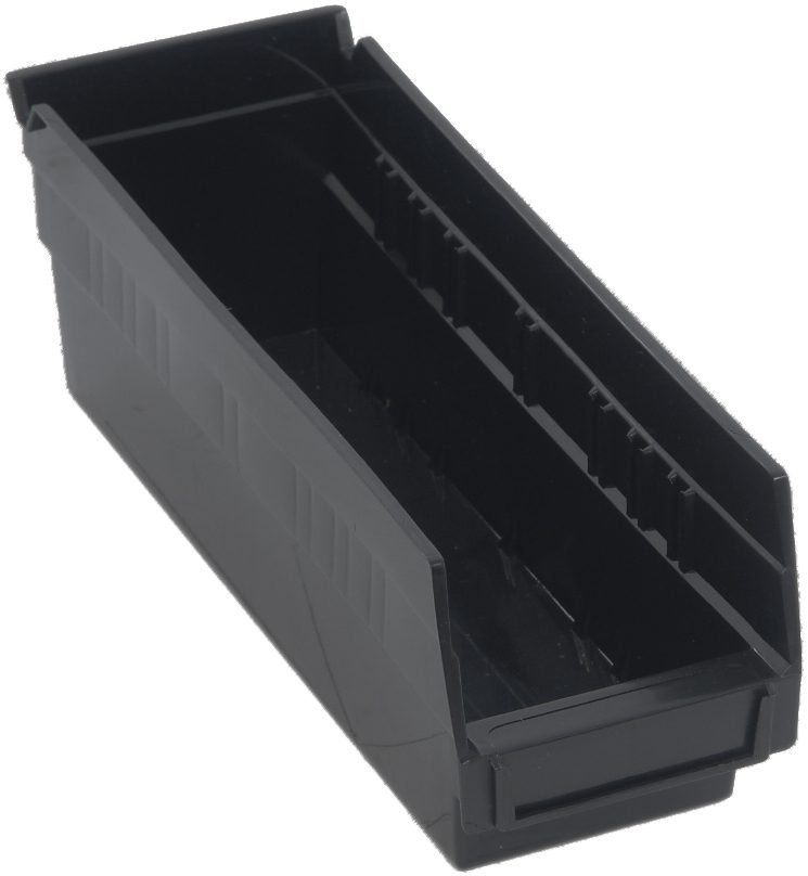 Economy Shelf Bin, Nesting, 11-5/8"W X 4-1/8"D X 4"H, (7) Divider Slots, Rear Hanglock, Molded-In Label Holder, Recycled Polypropylene, Black, Made In USA