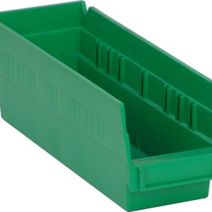 The Economy Shelf Bin, measuring 11-5/8W x 4-1/8D x 4H, is a green polypropylene storage solution with seven divider slots, a molded-in label holder, and rear hanglock. Its design features make it perfect for efficiently organizing small items. Made in the USA.