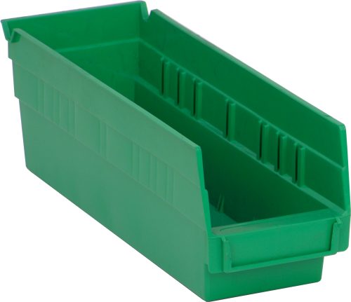 The Economy Shelf Bin, measuring 11-5/8W x 4-1/8D x 4H, is a green polypropylene storage solution with seven divider slots, a molded-in label holder, and rear hanglock. Its design features make it perfect for efficiently organizing small items. Made in the USA.