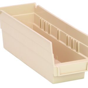 The Economy Shelf Bin, ivory-colored and made from durable polypropylene, measures 11-5/8W x 4-1/8D x 4H. It includes seven divider slots, a rear hanglock for versatile mounting, and molded-in label holders on the front. Made in the USA.