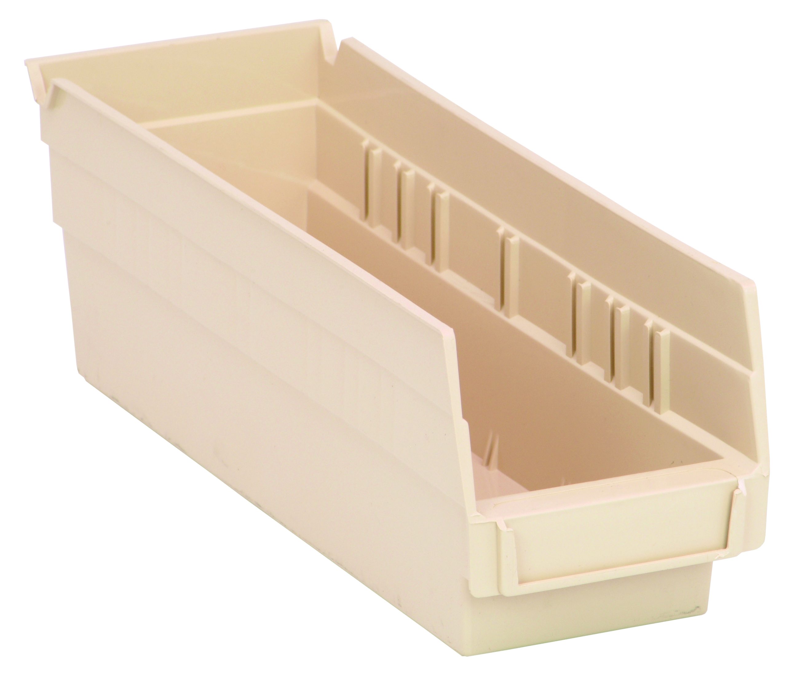Economy Shelf Bin, 11-5/8"W X 4-1/8"D X 4"H, Includes (7) Divider Slots, Rear Hanglock, Molded-In Label Holder, Polypropylene, Ivory, Made In USA