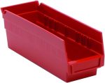The Economy Shelf Bin is a red polypropylene storage solution, 11-5/8W x 4-1/8D x 4H, featuring an open front, molded-in label holder, rear hanglock, and seven divider slots for easy organization. Made in the USA.