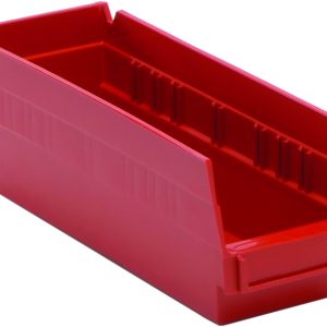 The Economy Shelf Bin is a red polypropylene storage solution, 11-5/8W x 4-1/8D x 4H, featuring an open front, molded-in label holder, rear hanglock, and seven divider slots for easy organization. Made in the USA.