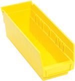 This yellow Economy Shelf Bin, measuring 11-5/8W x 4-1/8D x 4H, features a sloped open front, ridged interior, molded-in label holder, and rear hanglock for organizing small items. Includes seven divider slots. Made in the USA from polypropylene.