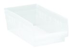 The Economy Shelf Bin is stackable, transparent, and measures 11-5/8W x 6-5/8D x 4H. It features a rear hanglock for secure attachment and includes seven divider slots. Made in the USA from clear polypropylene with a molded-in label holder.