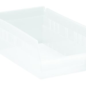 The Economy Shelf Bin is stackable, transparent, and measures 11-5/8W x 6-5/8D x 4H. It features a rear hanglock for secure attachment and includes seven divider slots. Made in the USA from clear polypropylene with a molded-in label holder.