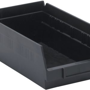 A black polypropylene Economy Shelf Bin, measuring 11-5/8W x 6-5/8D x 4H, features a sloped front, rear hanglock, molded-in label holder, and seven divider slots for efficient organization and storage of small items. Made in the USA.