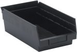 The Economy Shelf Bin, made in the USA from black polypropylene, measures 11-5/8W x 6-5/8D x 4H and includes seven divider slots, a rear hanglock, and a molded-in label holder for easy access.