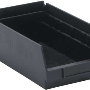 The Economy Shelf Bin, made in the USA from black polypropylene, measures 11-5/8W x 6-5/8D x 4H and includes seven divider slots, a rear hanglock, and a molded-in label holder for easy access.