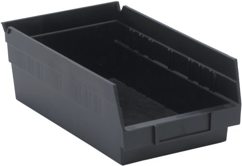 QSB102_BK.jpg The Economy Shelf Bin, made in the USA from black polypropylene, measures 11-5/8W x 6-5/8D x 4H and includes seven divider slots, a rear hanglock, and a molded-in label holder for easy access.