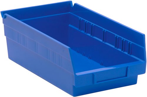 A blue polypropylene Economy Shelf Bin, 11-5/8W x 6-5/8D x 4H, features an open top, slanted front, molded-in label holder, solid bottom, ridged sides for organization and access, and a rear hanglock for stability. It includes seven divider slots. Made in USA.