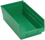 This green rectangular Economy Shelf Bin, measuring 11-5/8W x 6-5/8D x 4H, features an open top with a sloped front, ribbed sides, molded-in label holder, rear hanglock for versatile organization, and includes 7 divider slots. Made in USA from polypropylene.