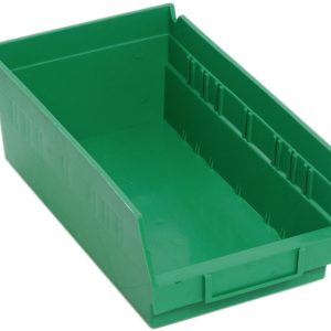 This green rectangular Economy Shelf Bin, measuring 11-5/8W x 6-5/8D x 4H, features an open top with a sloped front, ribbed sides, molded-in label holder, rear hanglock for versatile organization, and includes 7 divider slots. Made in USA from polypropylene.