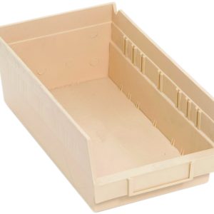 The Economy Shelf Bin, ivory polypropylene, 11-5/8W x 6-5/8D x 4H, has a sloped front and ribbed sides. With an open-top design for easy access and seven divider slots for versatile shelf storage, it also features a rear hanglock and molded-in label holder. Made in the USA.