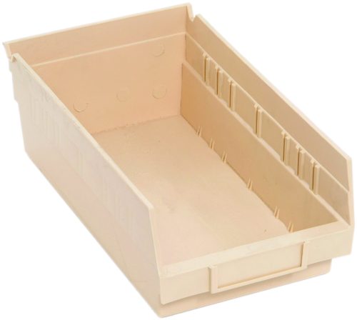 QSB102_IV.jpg The Economy Shelf Bin, ivory polypropylene, 11-5/8W x 6-5/8D x 4H, has a sloped front and ribbed sides. With an open-top design for easy access and seven divider slots for versatile shelf storage, it also features a rear hanglock and molded-in label holder. Made in the USA.
