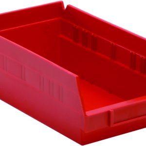 This red polypropylene Economy Shelf Bin measures 11-5/8W x 6-5/8D x 4H and is ideal for organizing small items. It features seven divider slots, a rear hanglock, molded-in label holder, smooth surface with subtle ribbing. Made in the USA.