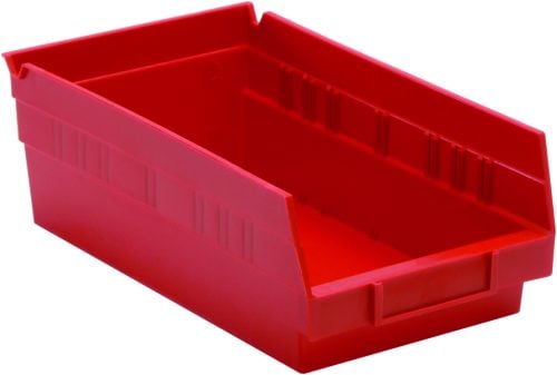 QSB102_RD.jpg This red polypropylene Economy Shelf Bin measures 11-5/8W x 6-5/8D x 4H and is ideal for organizing small items. It features seven divider slots, a rear hanglock, molded-in label holder, smooth surface with subtle ribbing. Made in the USA.
