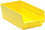 The Economy Shelf Bin is a yellow polypropylene storage bin, sized 11-5/8W x 6-5/8D x 4H, with ribbed sides, a sloped open front, molded-in label holder, rear hanglock, and (7) divider slots. Made in the USA.