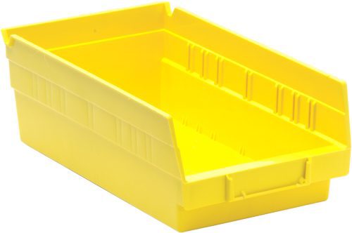 The Economy Shelf Bin is a yellow polypropylene storage bin, sized 11-5/8W x 6-5/8D x 4H, with ribbed sides, a sloped open front, molded-in label holder, rear hanglock, and (7) divider slots. Made in the USA.