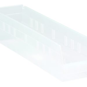 The Economy Shelf Bin, made in the USA from clear polypropylene, measures 17-7/8 W x 4-1/8 D x 4 H. It has seven divider slots, a rear hanglock, a molded-in label holder, and a ridged rectangular shape that ensures convenient nesting when not in use.