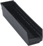 This black polypropylene Economy Shelf Bin, 17-7/8W x 4-1/8D x 4H, is made in the USA and features a sloped front for easy access, includes seven divider slots and a rear hanglock for secure placement. Its molded-in label holder aids in organizing small parts efficiently.