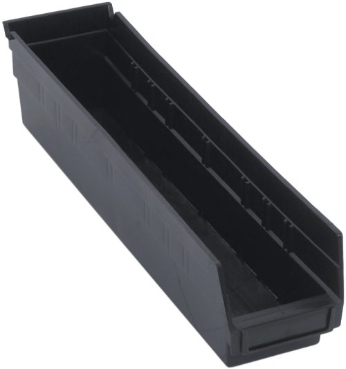 QSB103_BK.jpg This black polypropylene Economy Shelf Bin, 17-7/8W x 4-1/8D x 4H, is made in the USA and features a sloped front for easy access, includes seven divider slots and a rear hanglock for secure placement. Its molded-in label holder aids in organizing small parts efficiently.
