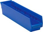 The blue Economy Shelf Bin, made in the USA from polypropylene, measures 17-7/8W x 4-1/8D x 4H with a rectangular shape and slightly angled front. It features ridged sides, seven divider slots, a rear hanglock, and molded-in label holder for efficient organization.