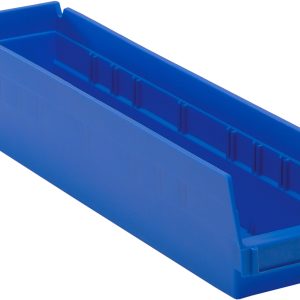 The blue Economy Shelf Bin, made in the USA from polypropylene, measures 17-7/8W x 4-1/8D x 4H with a rectangular shape and slightly angled front. It features ridged sides, seven divider slots, a rear hanglock, and molded-in label holder for efficient organization.