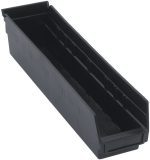 The Economy Shelf Bin, made from recycled polypropylene in the USA, is black and rectangular with dimensions of 17-7/8W x 4-1/8D x 4H. It features a molded-in label holder, nesting capability, a rear hanglock, and seven divider slots—ideal for organizing tools or small parts.