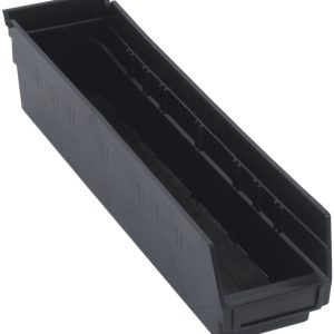The Economy Shelf Bin, made from recycled polypropylene in the USA, is black and rectangular with dimensions of 17-7/8W x 4-1/8D x 4H. It features a molded-in label holder, nesting capability, a rear hanglock, and seven divider slots—ideal for organizing tools or small parts.