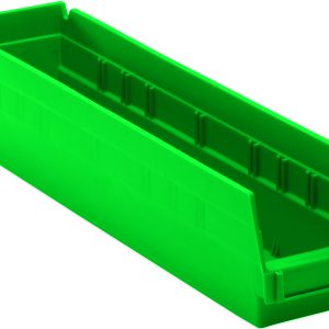 The green Economy Shelf Bin, made of durable polypropylene in the USA, measures 17-7/8W x 4-1/8D x 4H with a slanted open front for easy access and includes divider slots, a rear hanglock, molded-in label holder, ribbed sides, and a flat bottom—ideal for shelves or drawers.