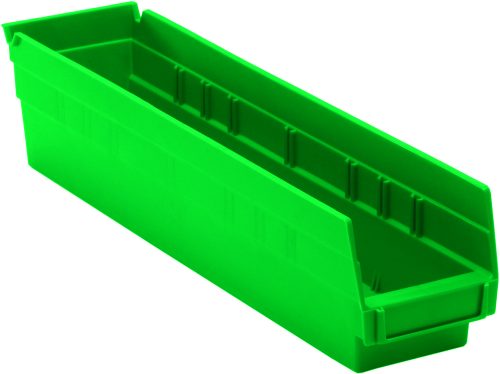 The green Economy Shelf Bin, made of durable polypropylene in the USA, measures 17-7/8W x 4-1/8D x 4H with a slanted open front for easy access and includes divider slots, a rear hanglock, molded-in label holder, ribbed sides, and a flat bottom—ideal for shelves or drawers.